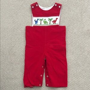 EUC Three Sisters red corduroy dinosaur smocked overalls